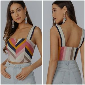 DO+BE STRIPED PINK, BLUE, ORANGE & CREAM LINEN BLEND BUSTIER CROP TOP